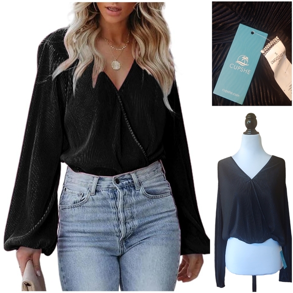 Cupshe Tops - NWT Cupshe Black Pleated Satin Long Bell Sleeve V Surplice Silky Blouse Shirt S